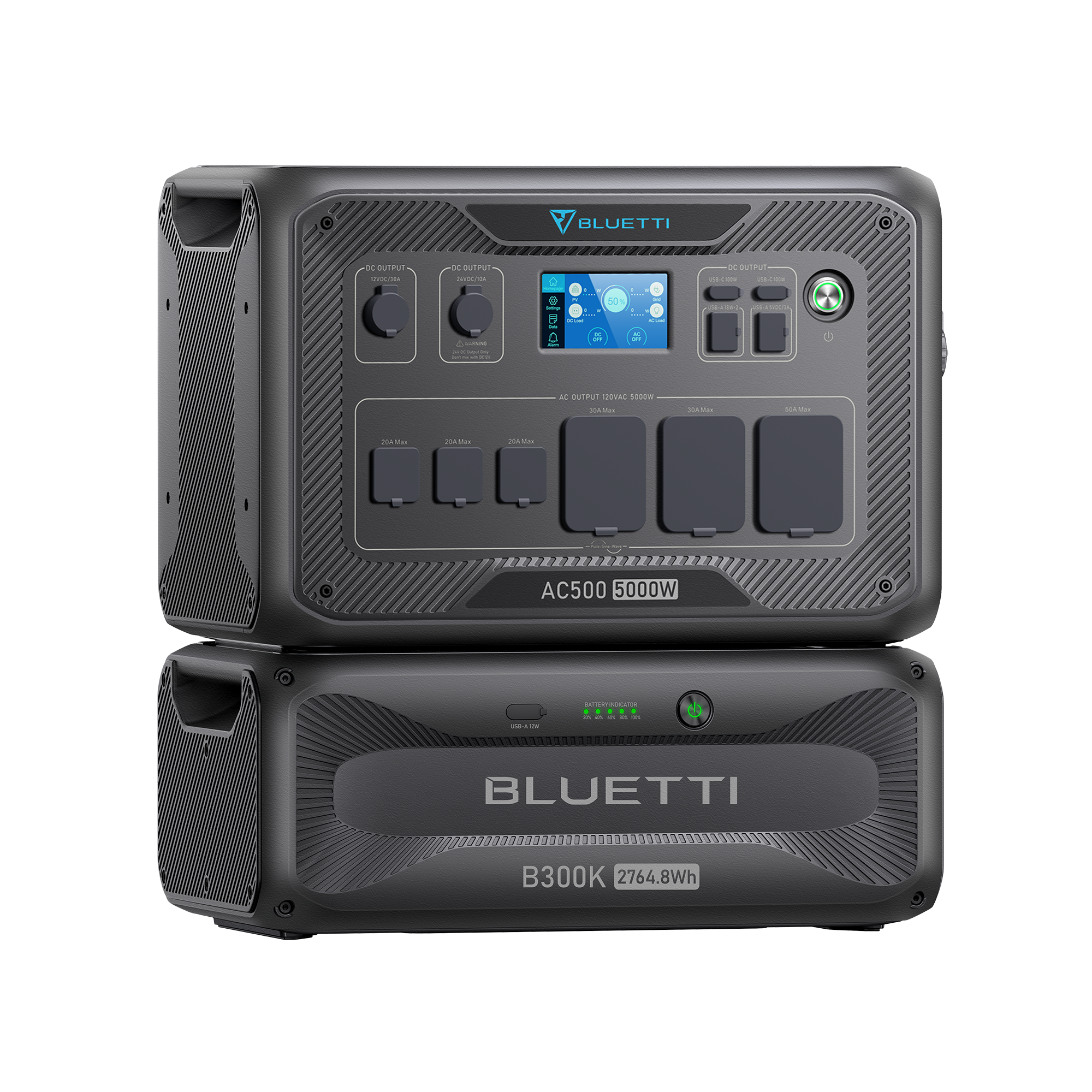 A Bluetti AC500 portable power station stacked on top of a Bluetti B300S battery module, both by Bluetti and finished in dark gray, feature screens, buttons, and clearly labeled ports. These devices are designed for reliable portable power supply and energy storage.