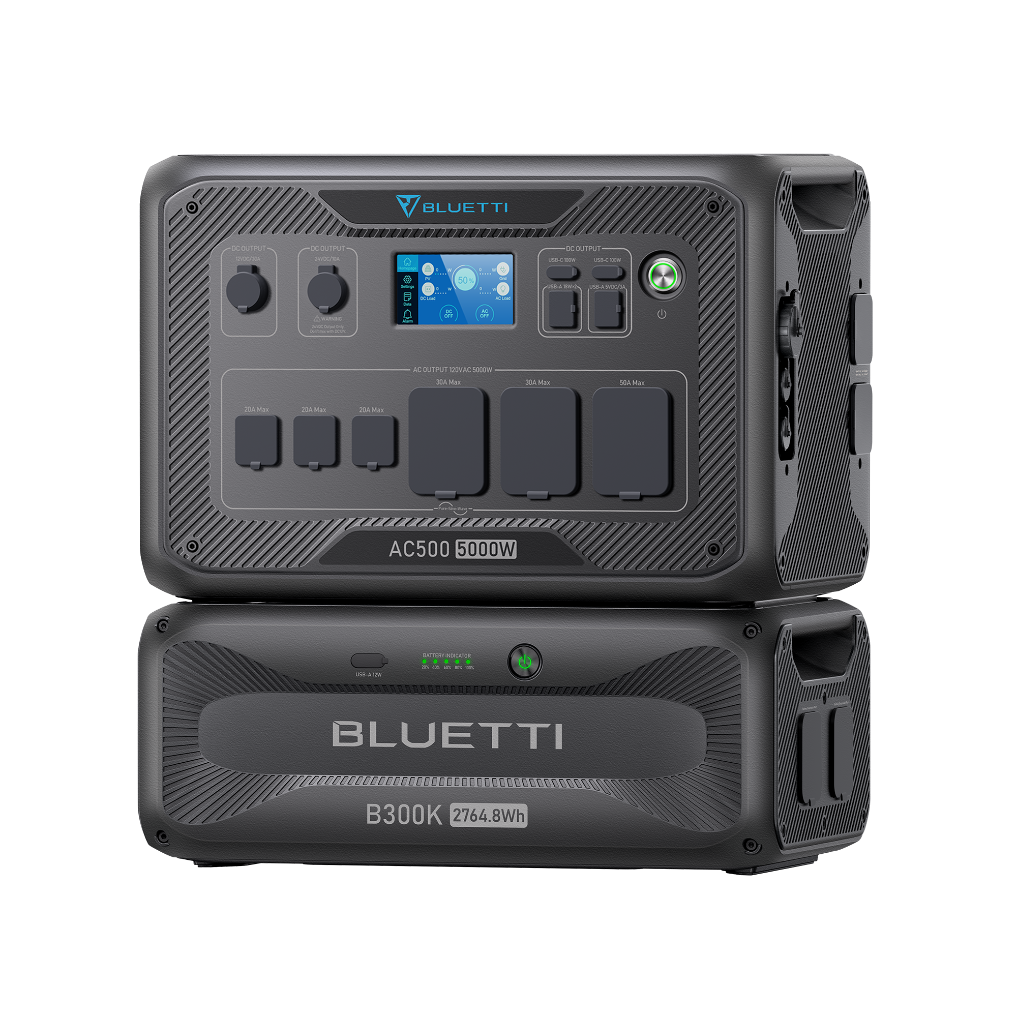 A Bluetti AC500 5000W power station is stacked on a Bluetti B300S 3072Wh battery module, both from Bluetti, featuring black exteriors with control panels, display screens, and clearly labeled input and output ports, set against a white background.