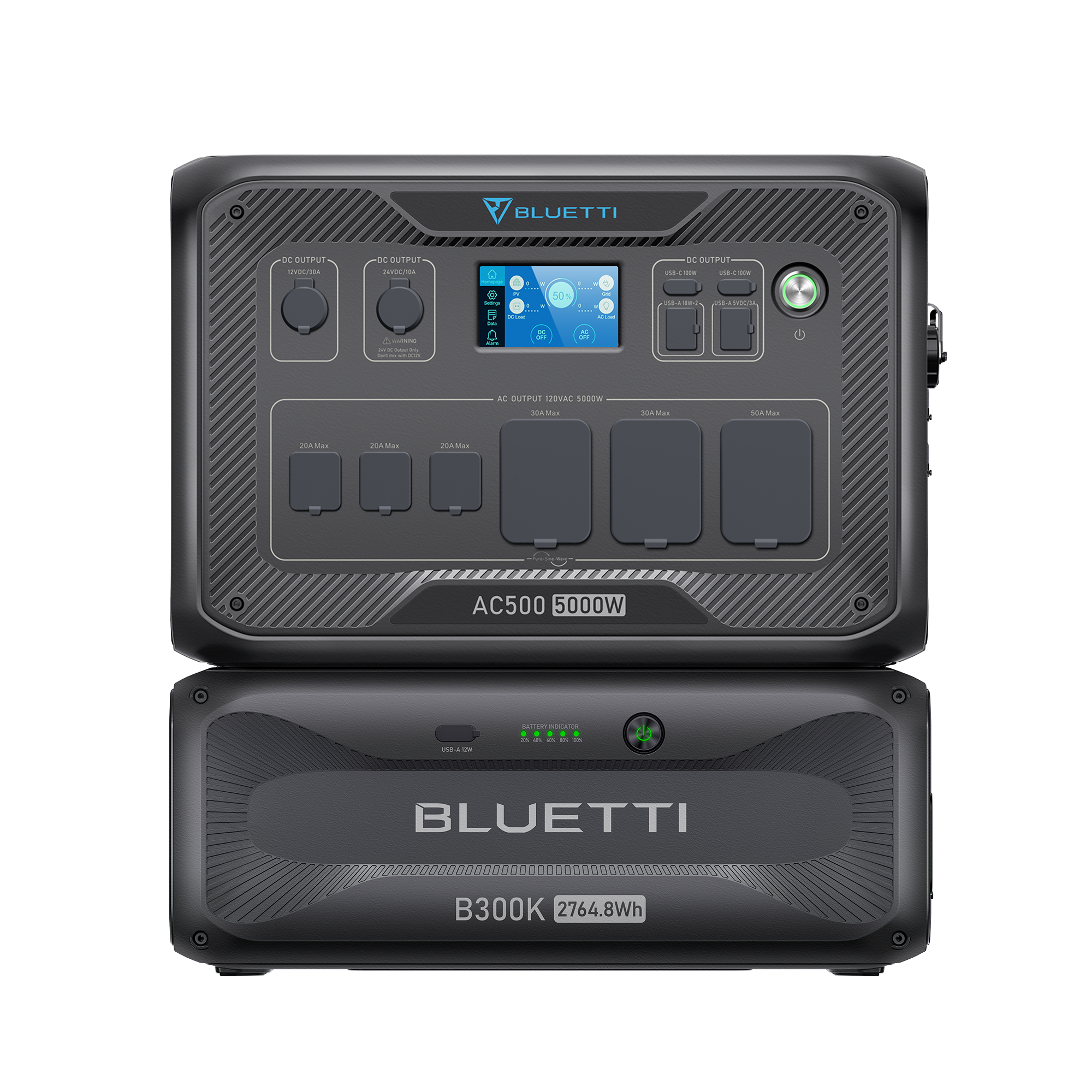 Front view of the Bluetti AC500 power station stacked on a B300K battery module. The AC500 showcases ports, switches, and a display screen, while the B300K highlights Bluetti branding and its “2764.8Wh” energy capacity. Both units feature a sleek black, modern design.