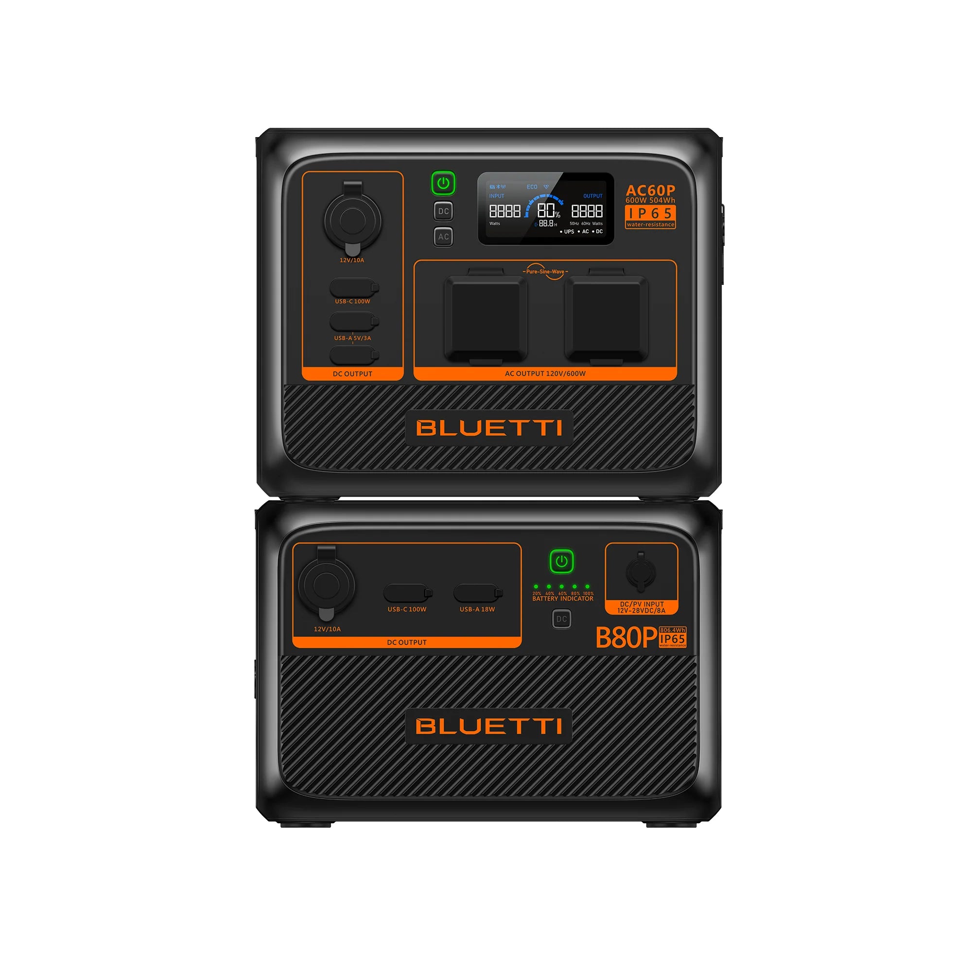 Two stacked Bluetti power stations, the top labeled "BLUETTI AC60P," feature a sleek black and orange design with digital displays, charging ports, control knobs, and 600W capacity—ideal for efficient and reliable portable energy solutions.