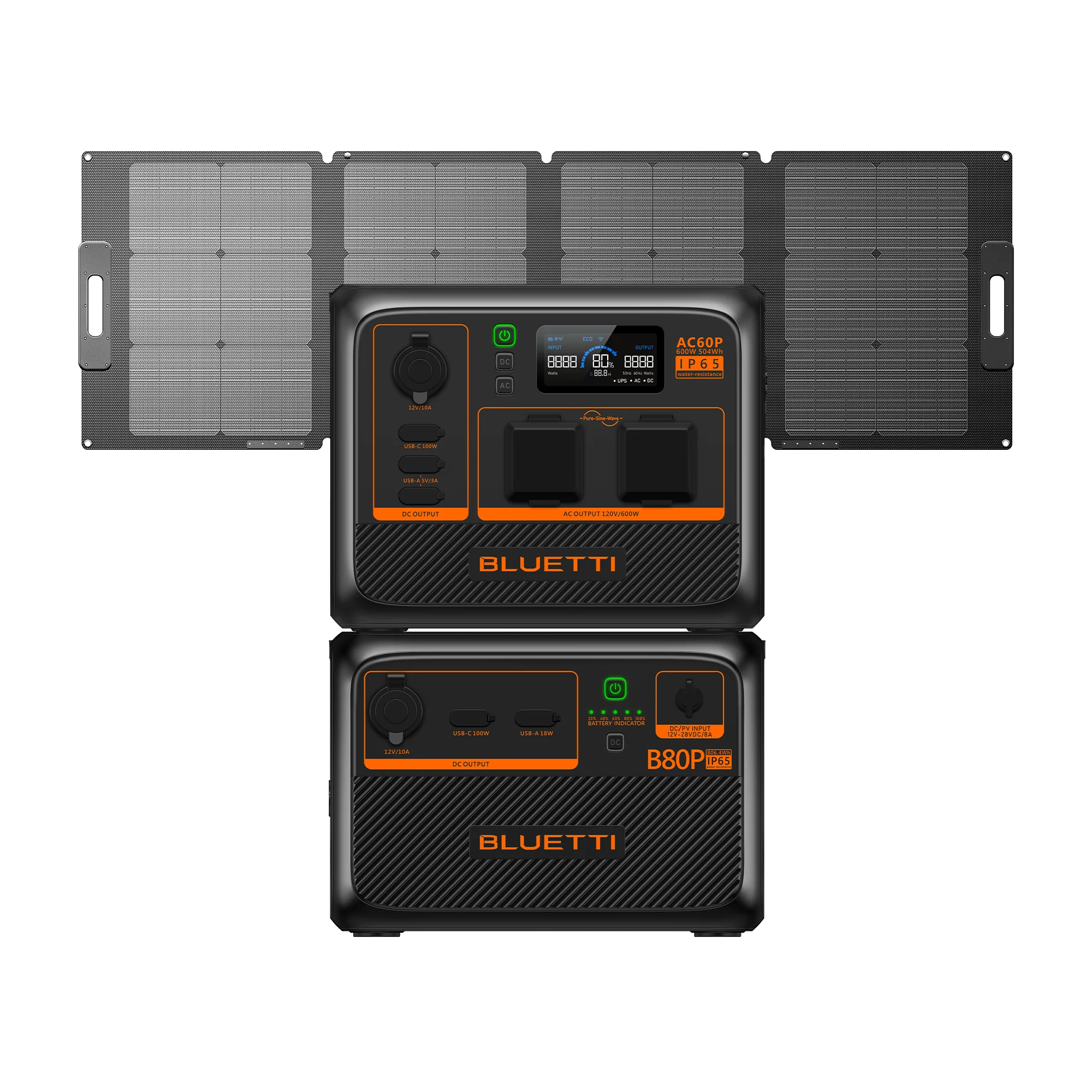 Two Bluetti power stations, the AC60P with 600W and the B80P, are stacked with a large solar panel behind them. The devices feature multiple ports and digital displays, prominently labeled in striking orange and black.