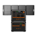 Two Bluetti power stations, the AC60P with 600W and the B80P, are stacked with a large solar panel behind them. The devices feature multiple ports and digital displays, prominently labeled in striking orange and black.