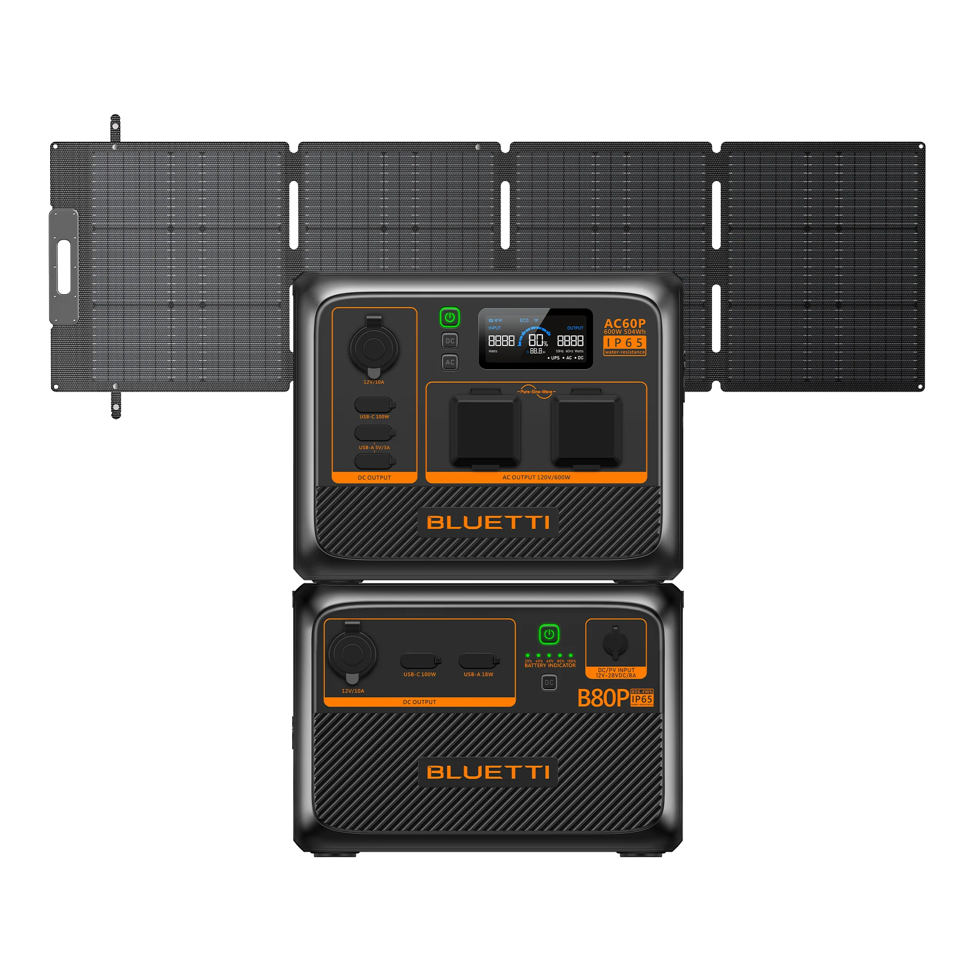 Two Bluetti AC60P portable power stations are stacked, highlighting various control panels and outlets. A partially visible four-segment foldable solar panel in the background suggests expandable capacity for versatile solar charging.