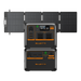 Two Bluetti AC60P portable power stations are stacked, highlighting various control panels and outlets. A partially visible four-segment foldable solar panel in the background suggests expandable capacity for versatile solar charging.