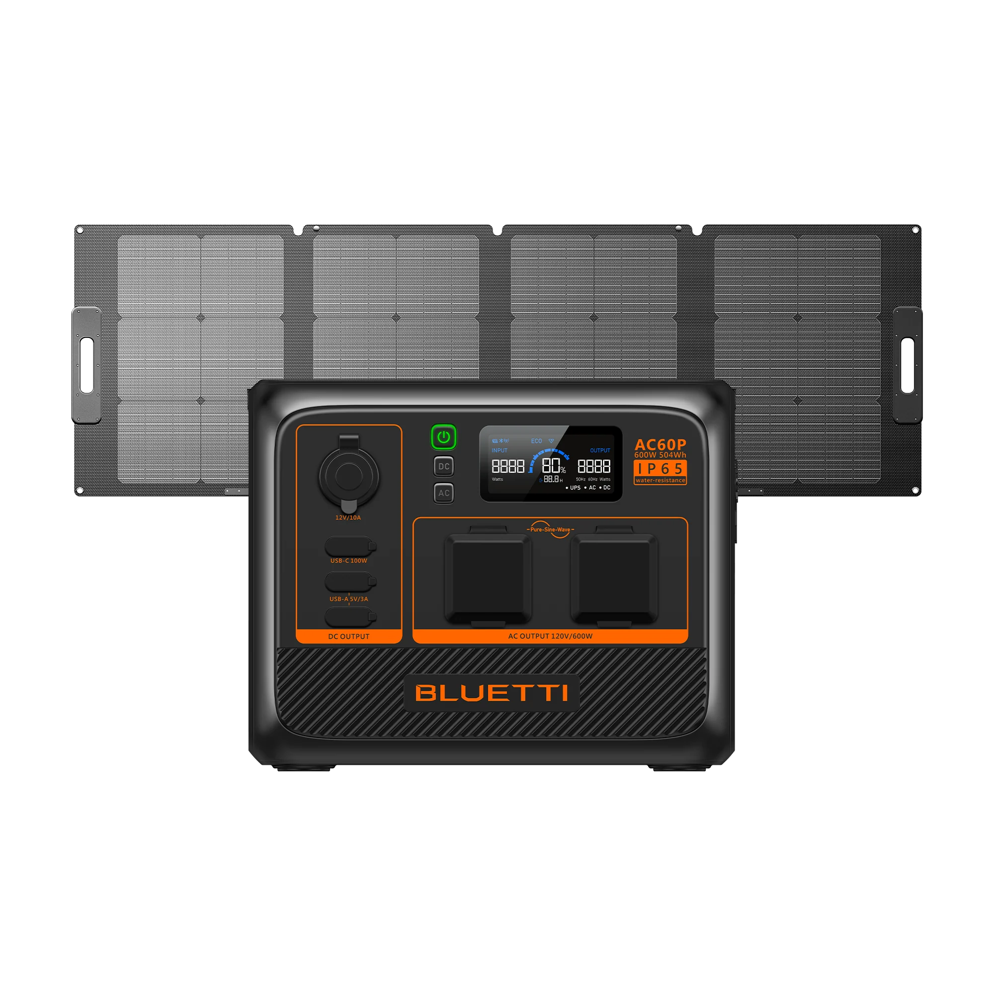 The Bluetti portable power station showcases an expandable capacity and features a digital display, various outlets, and control buttons. Its solar panels are displayed unfolded behind the unit, highlighting their grid-like design for efficient energy absorption.