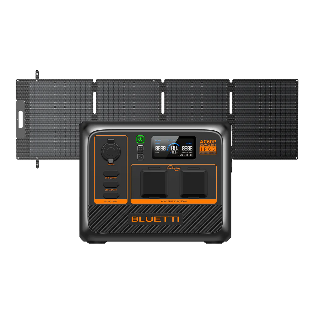 A Bluetti AC60 portable power station with a solar panel attachment features a Turbo Charging LiFePO4 battery, controls, buttons, and an LCD screen on its front panel against a white background.