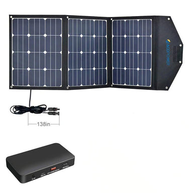 ACOPower 120W portable solar panel foldable suitcase with integrated output box, ideal for outdoor adventures and home power needs