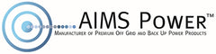 Logo of AIMS Power featuring a circular design with gradient blue shades on the left. Text reads: "AIMS Power™ Manufacturer of Premium Off Grid and Back Up Power Products" on the right.