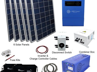 The AIMS Power 1980W Solar Kit features six solar panels, a charge controller, fuse kit, disconnect switch, combiner box, controller cables, four batteries, and a 2000W inverter—ideal for off-grid living.