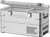 A silver ICECO Wholesale cooler with the lid open shows two compartments featuring APL35 Dual Zone Freezer technology. It has sturdy handles, metal clasps for secure closure, lower venting, and reliable cooling powered by SECOP compressors.