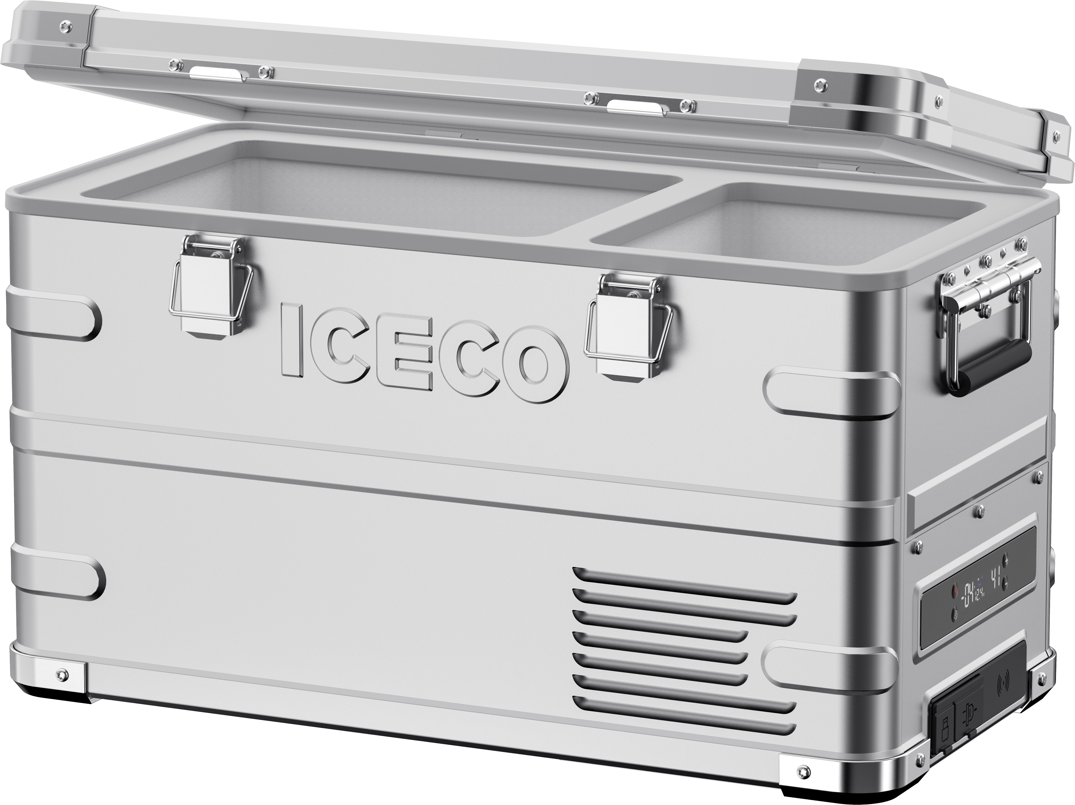 A silver ICECO Wholesale cooler with the lid open shows two compartments featuring APL35 Dual Zone Freezer technology. It has sturdy handles, metal clasps for secure closure, lower venting, and reliable cooling powered by SECOP compressors.