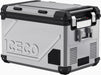 The silver and black ICECO Wholesale portable cooler features a rugged design with secure latches, a sturdy handle, Dual Zone Freezer compartments, Bluetooth App Control, operates on a 12 Volt system, and includes a digital control panel on top.