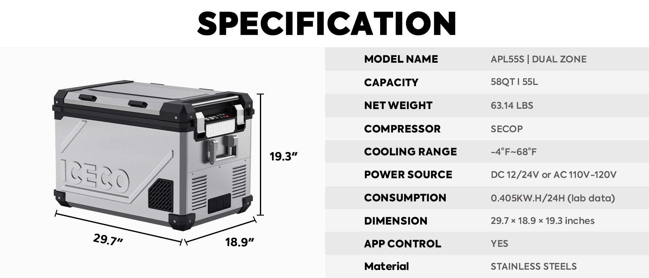 The image shows an ICECO Wholesale Dual Zone Freezer portable cooler, model APL55DZ. It's gray and black, has a 58QT/55L capacity, weighs 63.4 lbs, features SECOP compressor technology, offers Bluetooth App Control, and operates from -4°F to 68°F using a 12 Volt system.