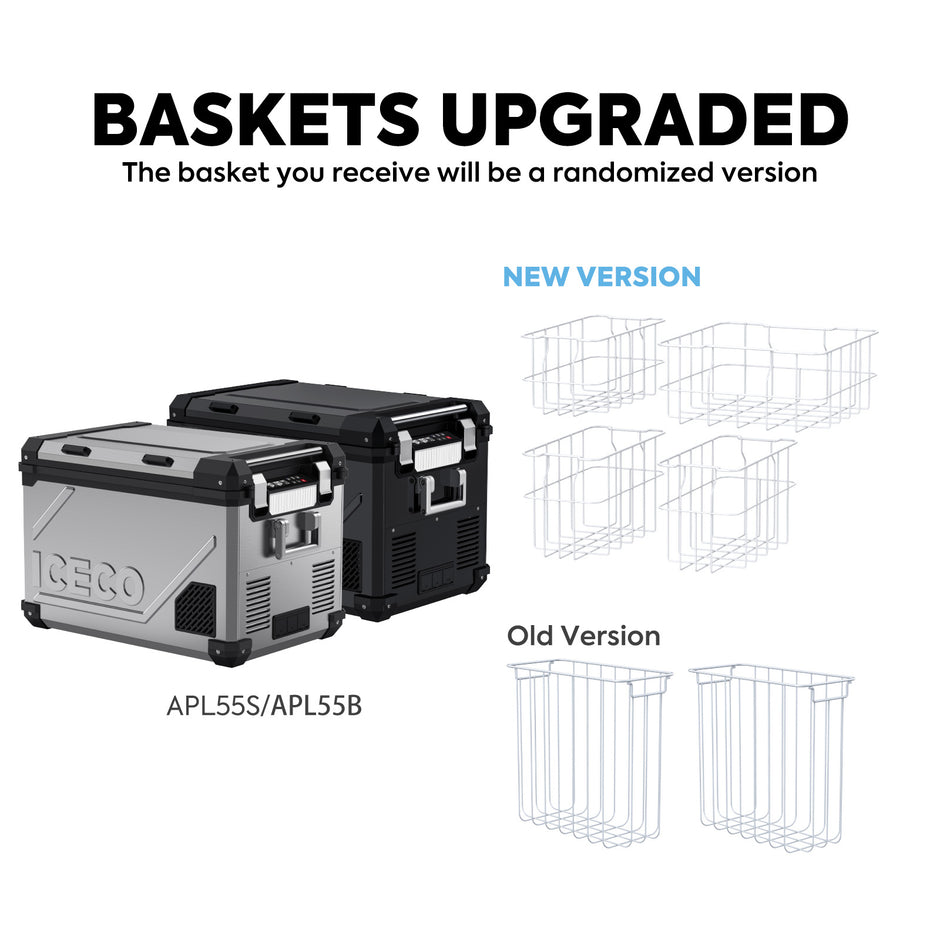 Image showing two ICECO Wholesale coolers, APL55 and APL55B, with "Baskets Upgraded" text. Includes both "New Version" and "Old Version" baskets, randomly selected upon receipt. These 12V Freezers ensure efficient cooling on the go.