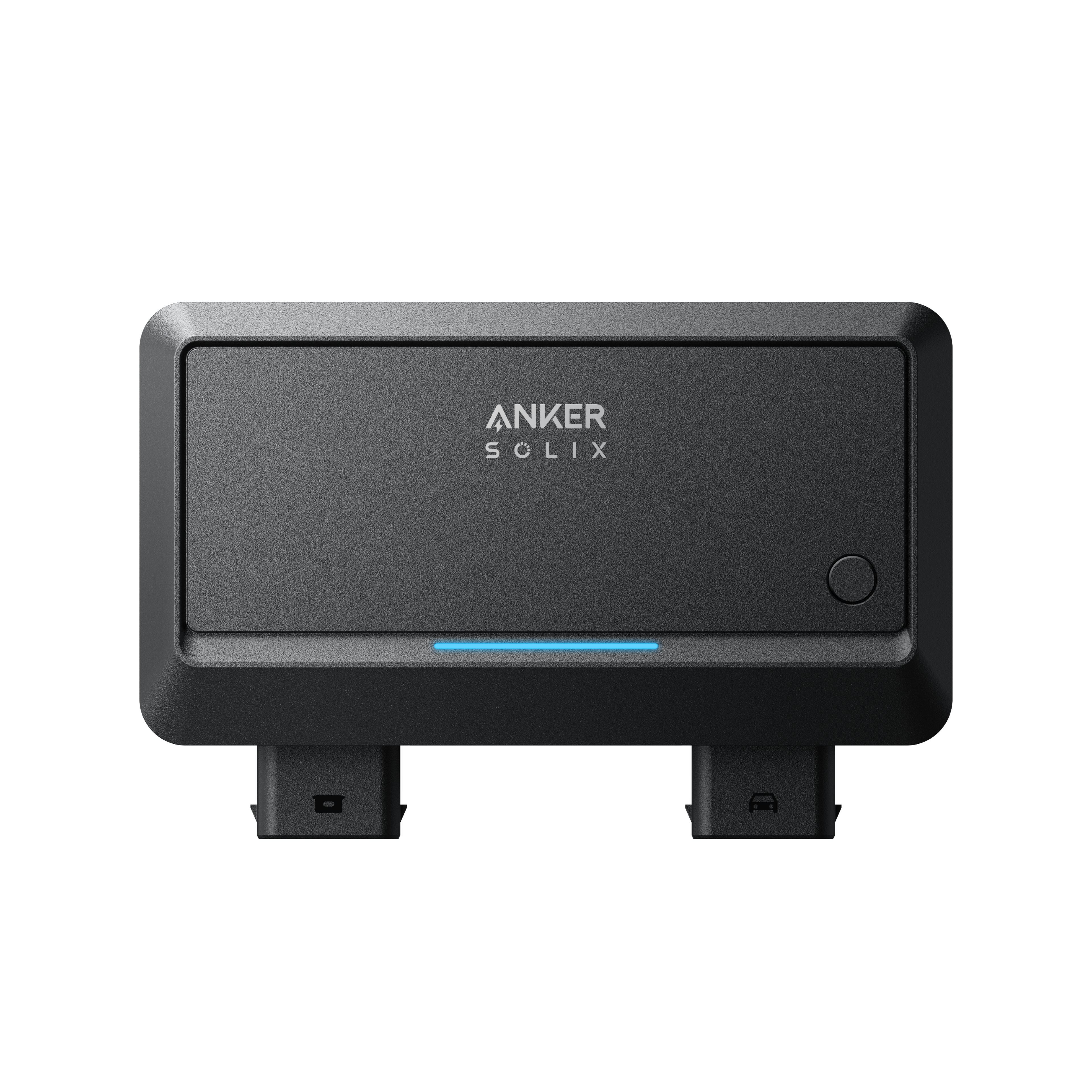 A black Anker device with a rectangular design, featuring a front-facing button and two ports at the bottom, is photographed against a plain white background.