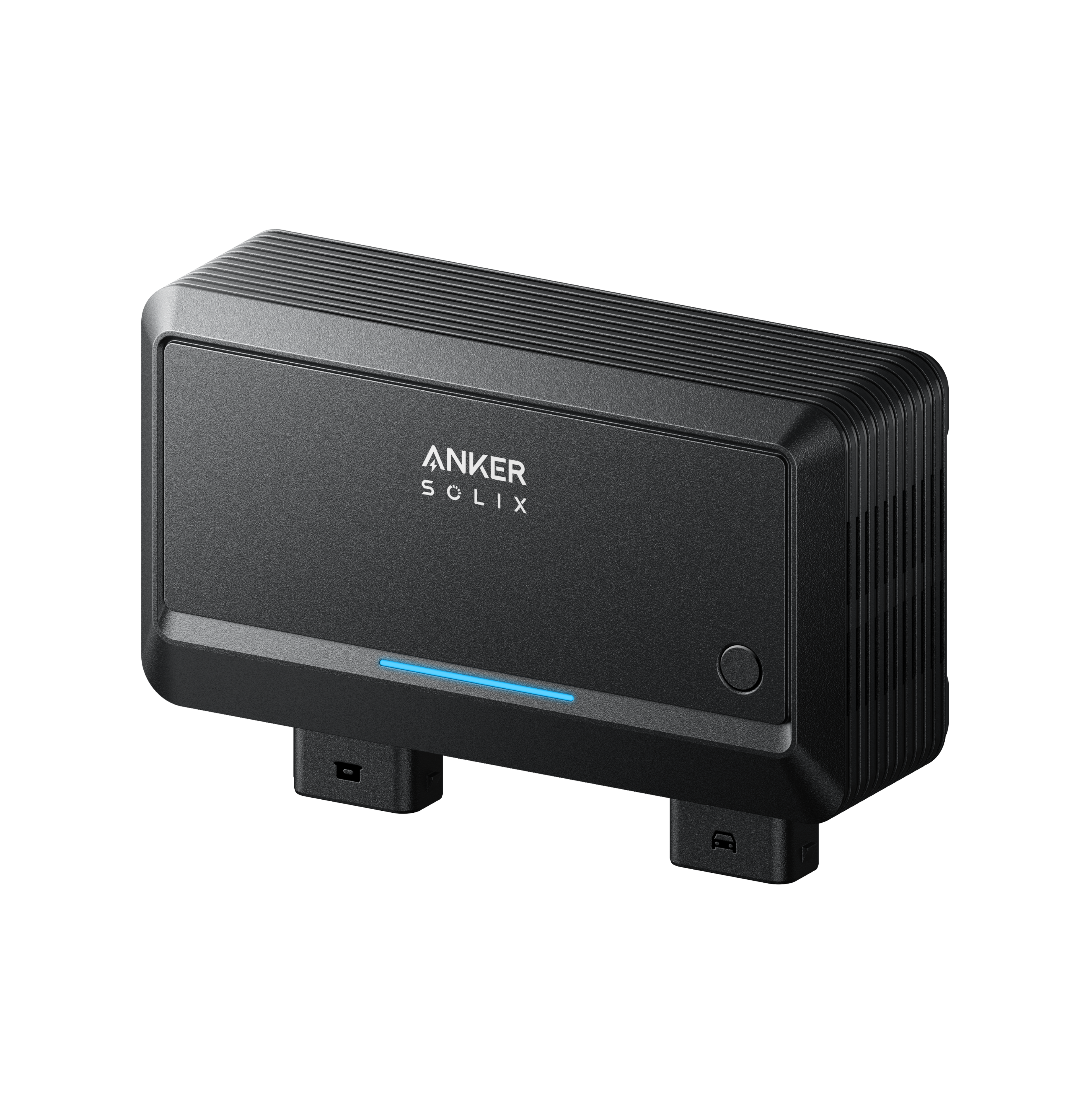 A black Anker device with a rectangular shape, slightly rounded edges, a blue LED indicator, and two connectors at the bottom is displayed against a plain white background.