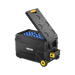 The BougeRV ASPEN 30 PRO is a sleek black portable cooler with a yellow handle and wheels, designed for dual zone cooling. The lid, partially opened to show blue bottles inside, has a hexagonal pattern and includes a digital display on the side for precise temperature control.