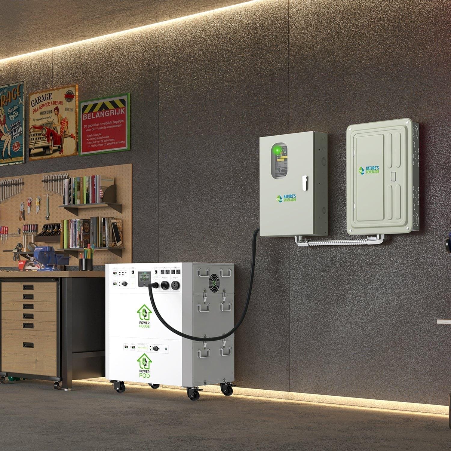 A home garage shows a Nature's Generator battery storage unit on the floor, connected by cable to a wall-mounted automatic transfer switch, with shelves, tools, and posters visible in the background.