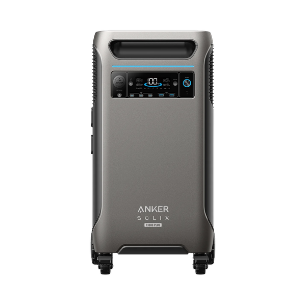 The Anker Solix F3800 portable power station includes a digital battery display, solar input, multiple charging ports, and is designed for easy mobility with wheels and a handle. The brand name and model number are prominently displayed.