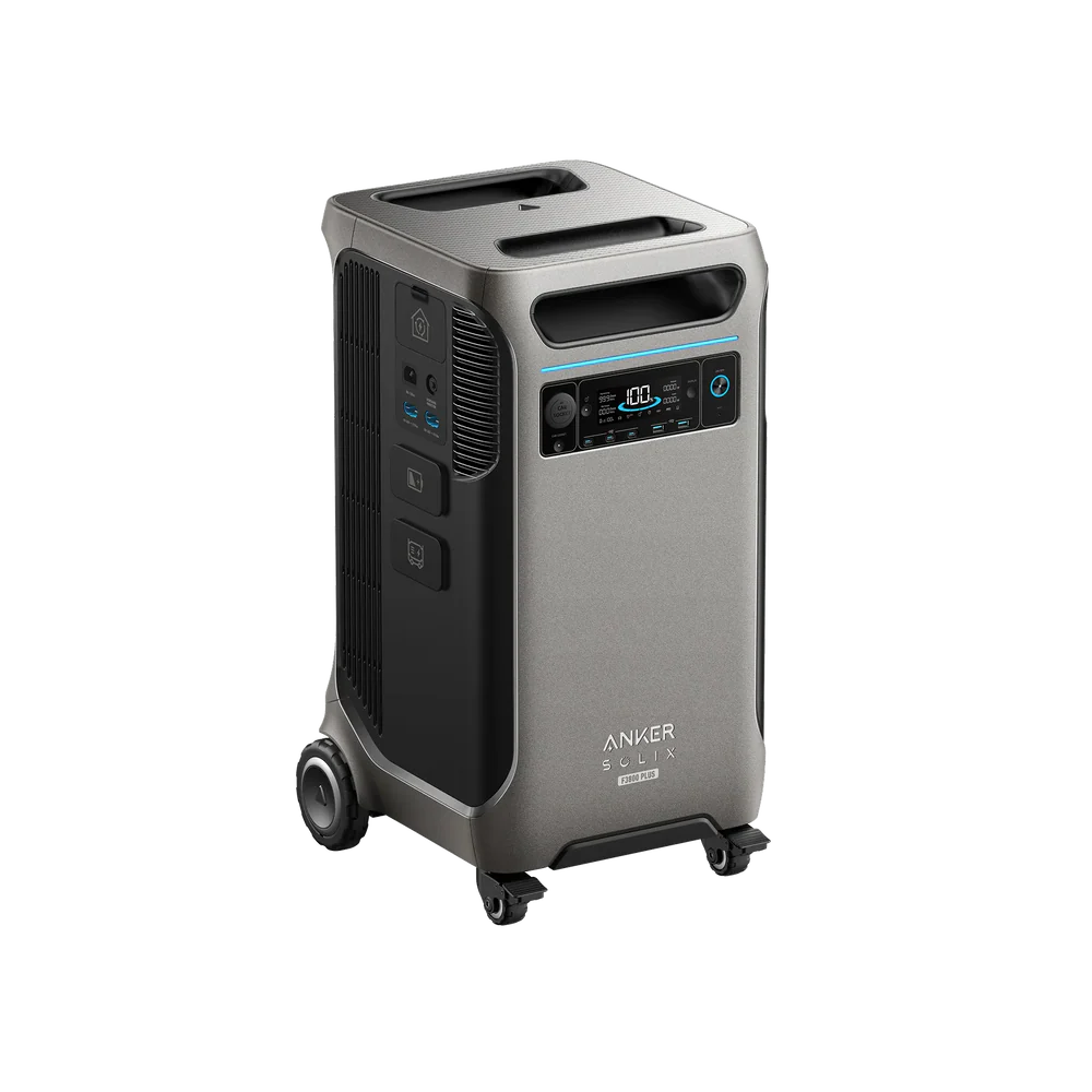 This sleek Anker portable power station boasts a digital display, control buttons, and multiple front ports. It features solar input, expandable capacity, a metallic finish, and wheels for easy mobility—perfect for all your power needs.