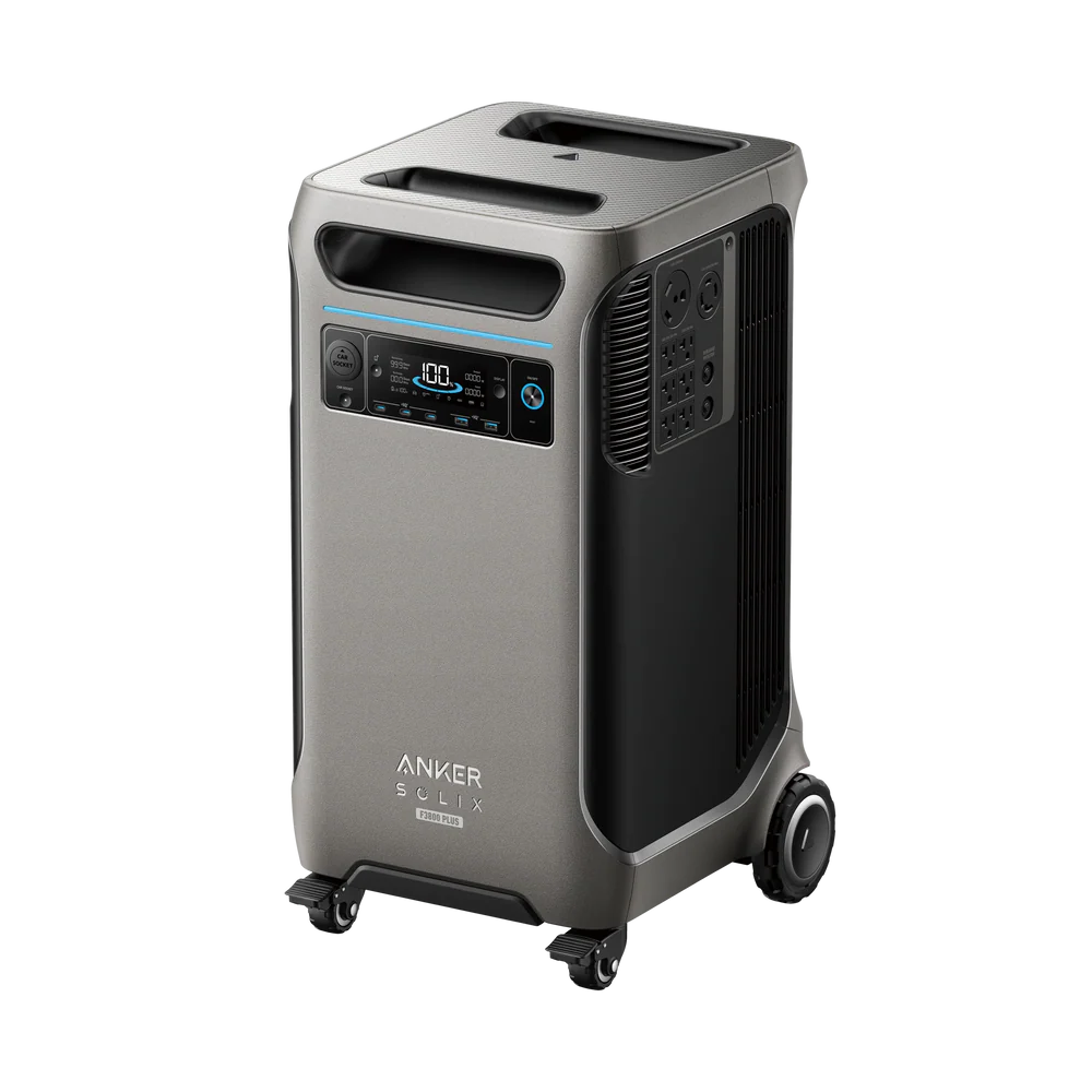 Anker's modern, compact power station features wheels, a control panel with a digital display, various output ports, an optional solar input, and a handle for easy mobility.