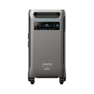 The Anker Solix F3800 portable power station includes a digital battery display, solar input, multiple charging ports, and is designed for easy mobility with wheels and a handle. The brand name and model number are prominently displayed.