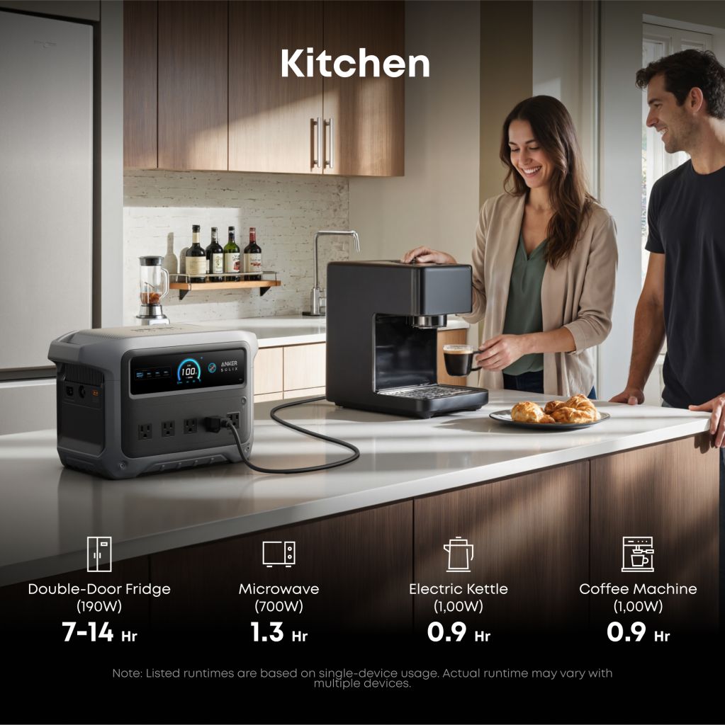 A man and woman make coffee and pastries in a modern kitchen. An Anker portable power station on the counter powers the coffee machine, while on-screen text displays estimated runtimes for different appliances using the power station.