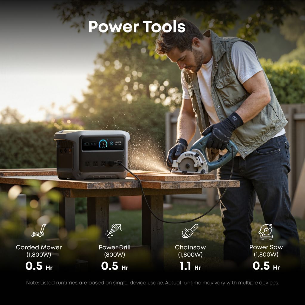 A man uses an Anker portable power station to run a circular saw on a wooden plank outdoors. Icons below show runtimes for tools like mowers, drills, chainsaws, and saws in hours.