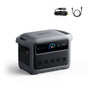 Anker portable power station with a display screen, four AC outlets, six USB ports, and Anker logo on the front. Above it are two cables: one car adapter and one standard charging cable.