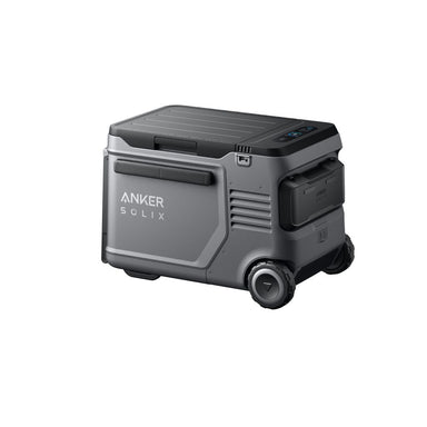 The Anker Solix portable power station in gray features a handle, built-in wheels, and a top control panel—perfect for powering your portable solar cooler outdoors or during emergencies.