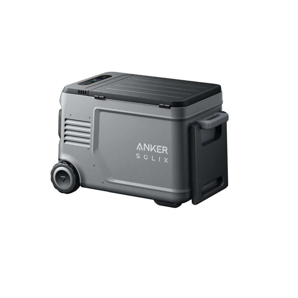 The Anker SOLIX is a portable, rectangular electric cooler in gray and black with a modern design, featuring a hinged lid, wheels on one side, and a handle on the other for easy transport.