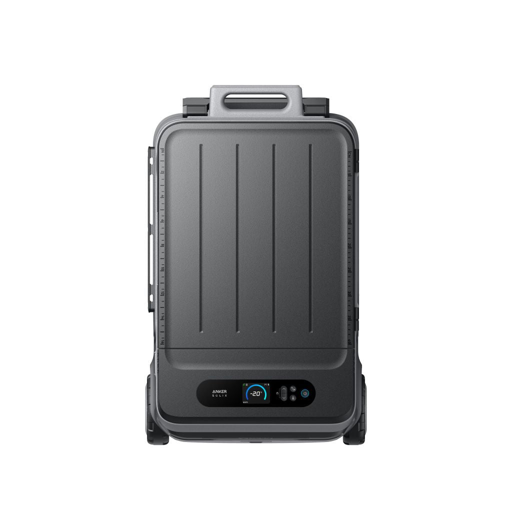 Anker black rectangular portable solar cooler featuring a top handle, control panel, and digital temperature display on the front, shown against a plain white background.