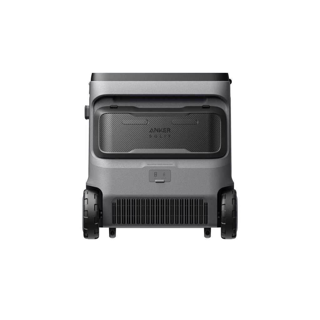 Anker’s portable electric cooler features a rectangular gray design, black wheels, a front handle, and a vented lower section.