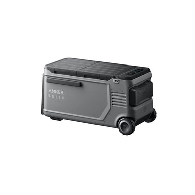 A gray Anker portable power station featuring wheels, handles, and a digital display is displayed against a white background.