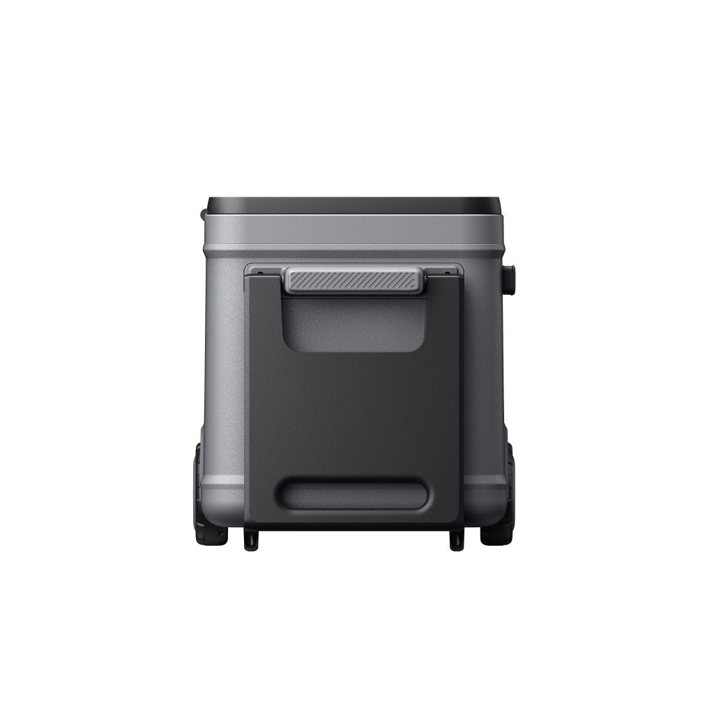 Anker gray portable cooler with a handle, wheels, and sturdy rectangular design, shown from the rear against a plain white background.