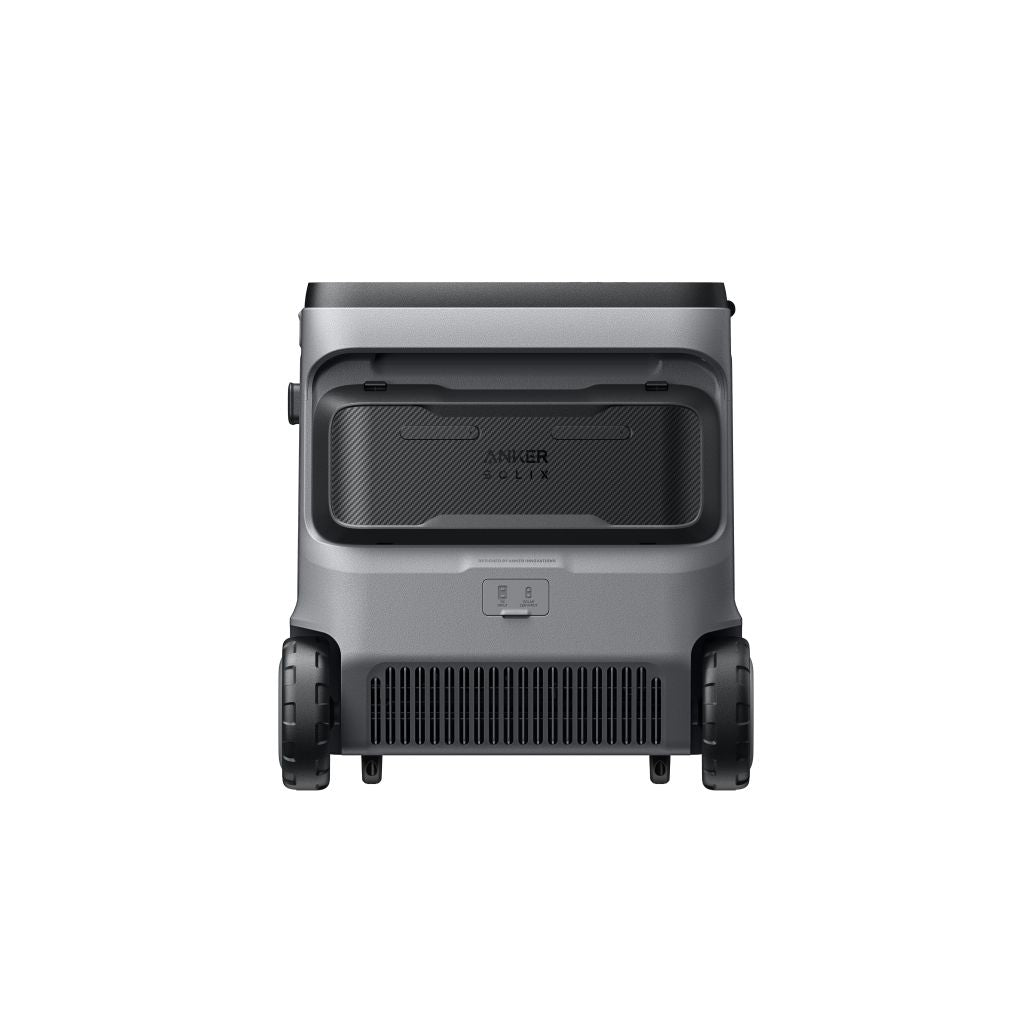 Front view of a gray and black portable rectangular Anker device with two large wheels, a vented lower section, and a handle, featuring the "Anker" brand on the front panel.