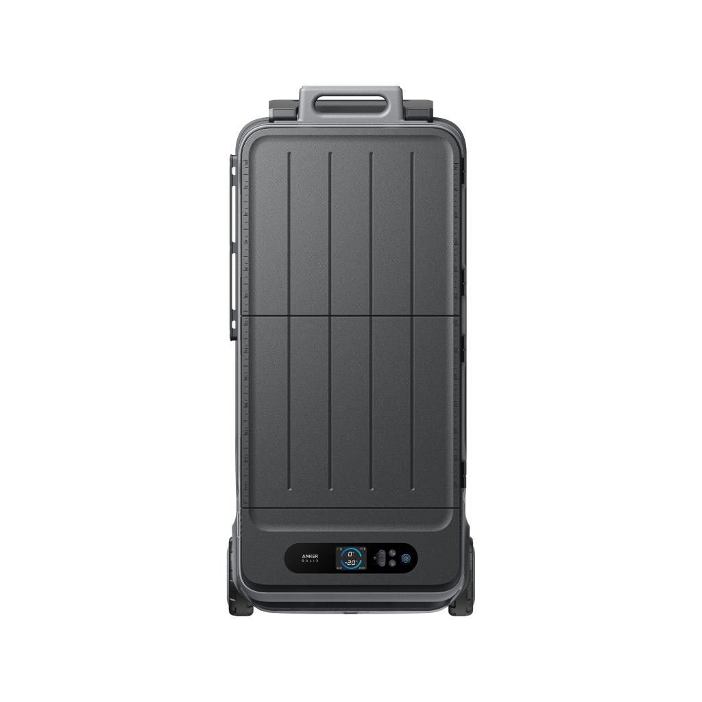 A front view of the Anker rectangular black vertical electronic device with a top handle and digital control panel at the bottom, featuring a modern minimalist design, suitable as a household appliance.