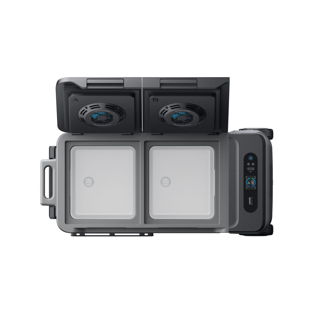 A top-down view of an Anker portable dual-compartment electric cooler with both lids open, revealing fan vents inside the lids and a control panel on the right side.