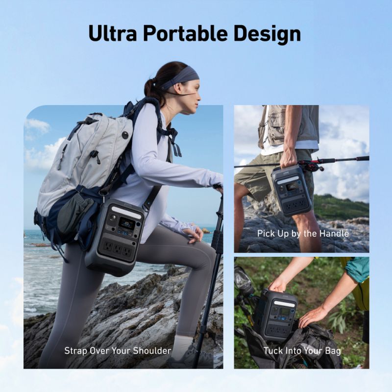 Collage featuring the Anker portable power station: strapped to a hiker’s backpack, carried by handle outdoors, and packed into a bag, with "Ultra Portable Design" text—demonstrating practical product design.