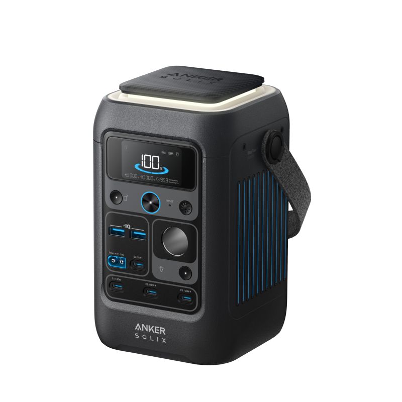 A black Anker portable power station featuring multiple USB ports, a display showing “100,” buttons, blue accents, a carrying handle, and the Anker logo—perfect inspiration for clean web design and modern CSS styling.