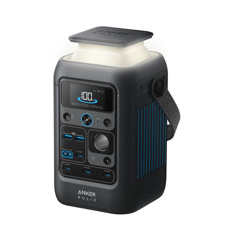 A black Anker portable power station with multiple ports, a digital battery display, side handle, blue accents, and a flat top—ideal for modern web design displays. Photographed on a white background.