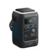 The Anker Solix portable power station features a carrying strap, digital display, multiple USB and AC ports, a control dial, and blue accent vents—its sleek black design and modern styling are ideal for enhancing clean web layouts.