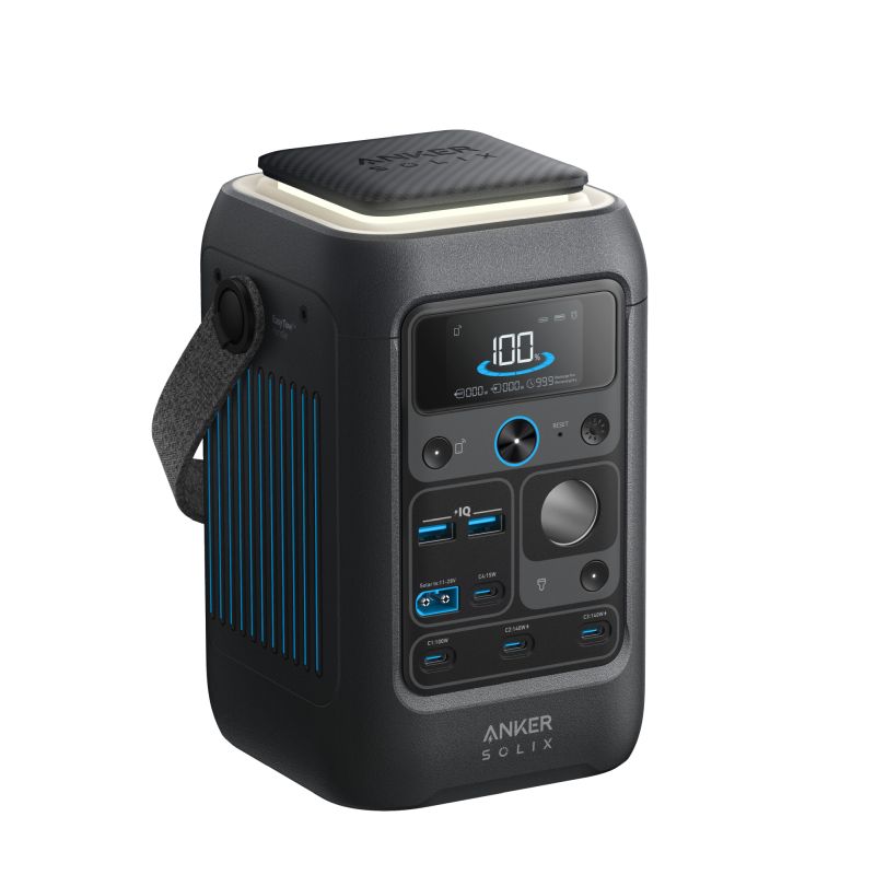 The Anker Solix portable power station features a carrying strap, digital display, multiple USB and AC ports, a control dial, and blue accent vents—its sleek black design and modern styling are ideal for enhancing clean web layouts.