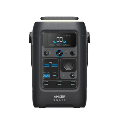 A black Anker portable power station features a digital display, multiple buttons, USB ports, and labeled indicators—perfect for presenting in a responsive container with modern CSS styling in clean web design projects.