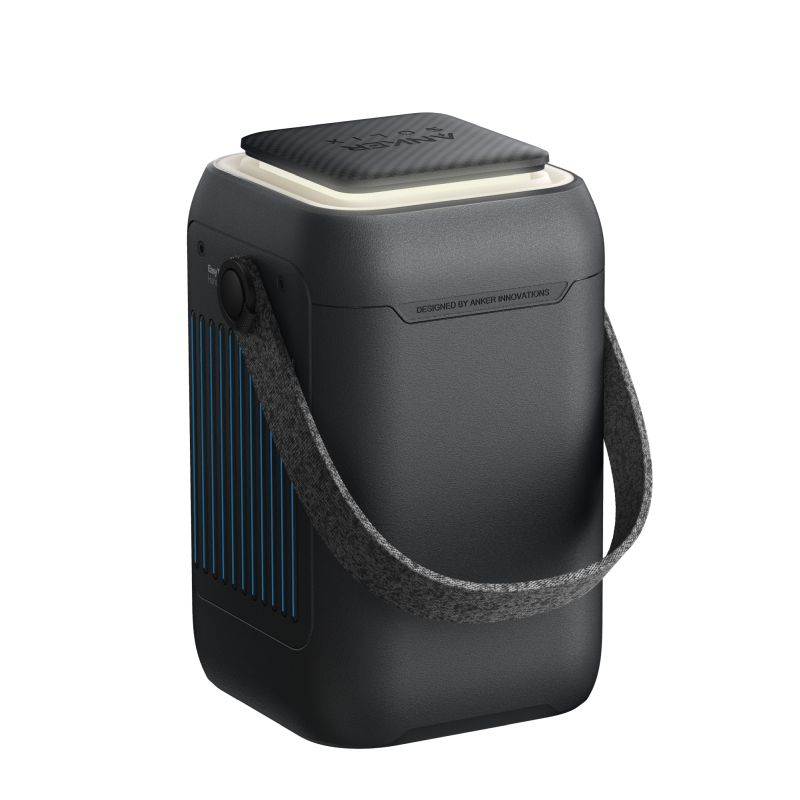 A black portable device with a detachable gray strap, blue side accents, a square gray lid on top labeled "Anker," and a power button on the side. The design resembles a responsive container in a hero section using CSS variables.