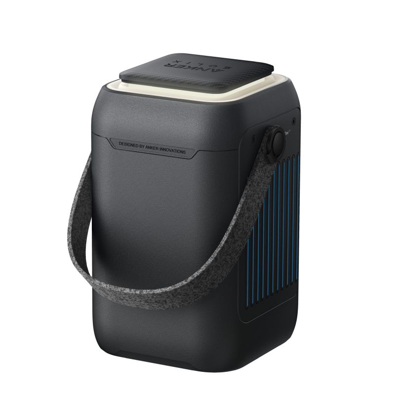 The Anker portable device features a black and gray rectangular design with a handle, blue side vent lines, power button, and a square “ANKER” panel on top—ideal for clean web layouts or responsive containers.