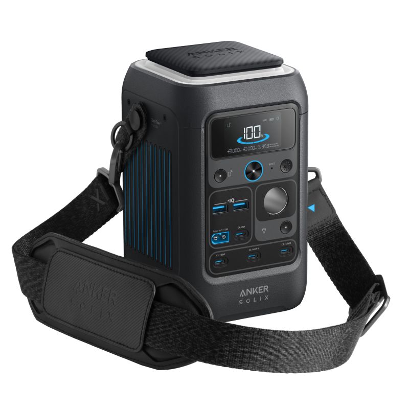 The Anker Solix portable power station features a digital display, control buttons, multiple USB ports, and side carrying straps—delivering stylish design and functionality, all from a trusted brand within a responsive form factor.