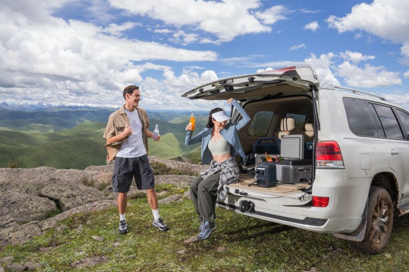 Two people with drinks stand by an SUV on rocky terrain, green hills and mountains behind them. The open trunk reveals camping and food supplies. Anker brand products are visible among the gear for outdoor convenience.