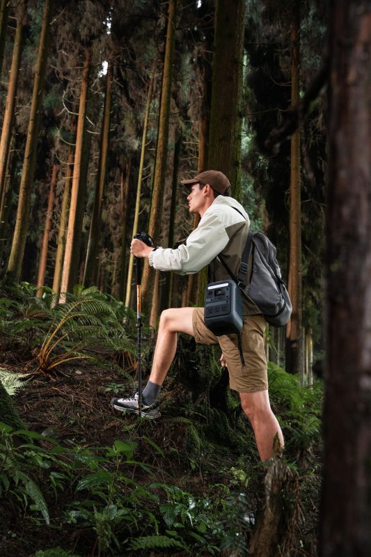 A hiker with an Anker cap, jacket, shorts, backpack, and trekking poles walks uphill through a dense forest of tall trees and green ferns. No product descriptions are found among the foliage—just CSS code and class definitions.