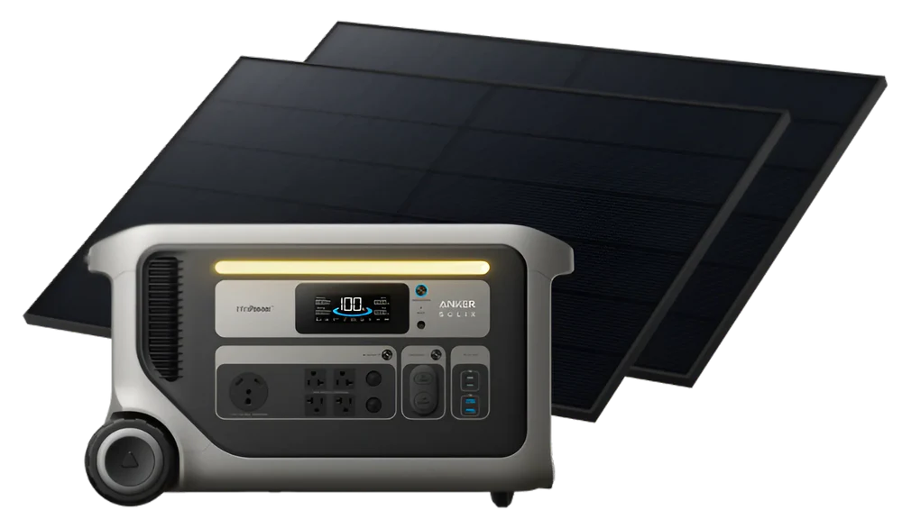The Anker portable power station, featuring a digital display, multiple outlets, and wheels, is shown in front of two large solar panels—making it an ideal solar generator for home emergency preparedness.